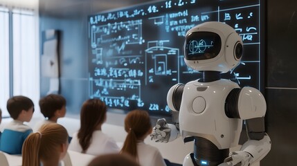 Poster - Robot teacher writing equations on AI generated illustration