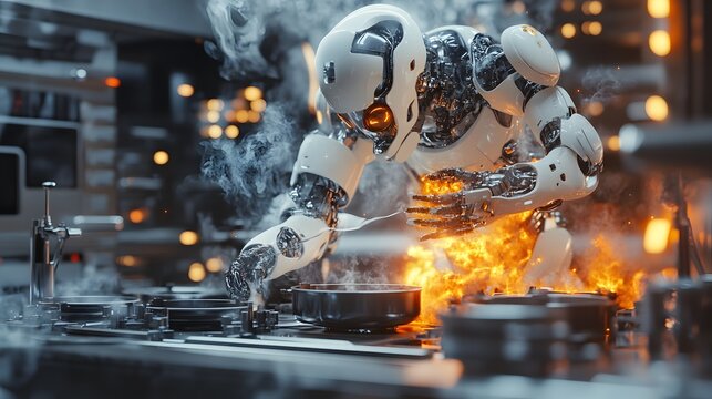 Robotic chef cooking in a AI generated illustration