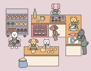 Poster - Cute dogs are making bread in the bakery kitchen. The dogs are each doing their part in an organized manner. Cuttiny character with outline.