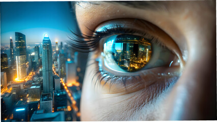 Wall Mural - Eye Macro Reflecting Digital Cityscape Urbanization Technology Copy Space