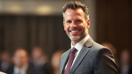Poster - Smiling businessman delivering a speech AI generated illustration