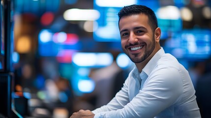 Poster - smiling businessman leaning on a ai generated illustration