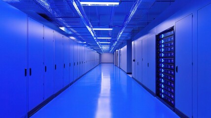 Poster - Secure Data Center Interior with Vibrant Blue Lighting and Technology
