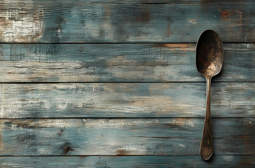 Vintage spoon on a wooden background with copy space, top view