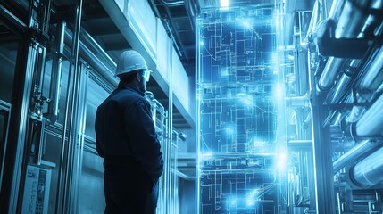 Poster - Engineer Inspects Large Industrial Cooling Tower in Modern Facility