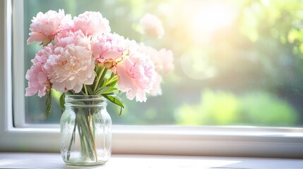 Aufkleber - A bouquet of pastel-colored peonies in a vintage mason jar on a sunlit windowsill, side view shot, Shabby Chic style