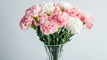 Poster - A bouquet of pink and white carnations in a crystal vase, side view shot, Minimalist style
