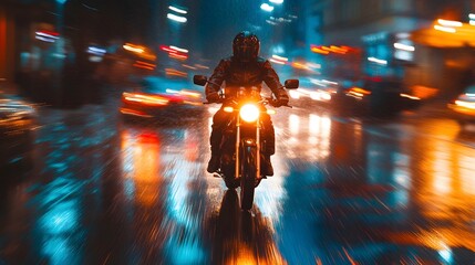 Poster - Motorcyclist riding through city rain AI generated illustration