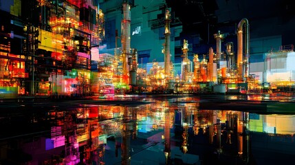 Poster - Night view of a refinery AI generated illustration