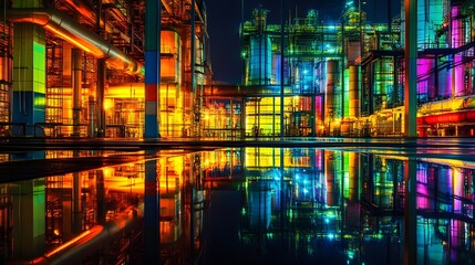 Poster - Night view of a refinery AI generated illustration