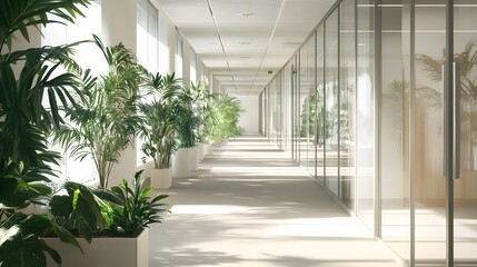 Poster - Office corridor lined with tall AI generated illustration