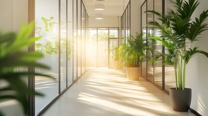 Poster - Office corridor lined with tall AI generated illustration