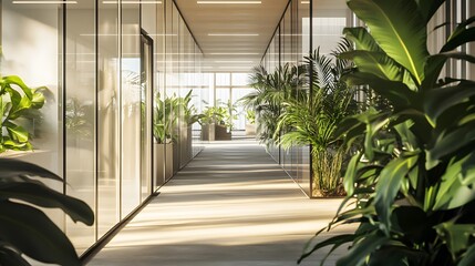 Poster - Office corridor lined with tall AI generated illustration