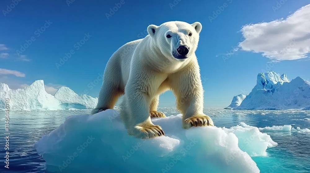 A lone polar bear standing on a melting iceberg in the Arctic ...