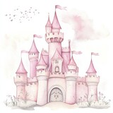 Vibrant AI-generated artwork of a whimsical castle in shades of pink. 