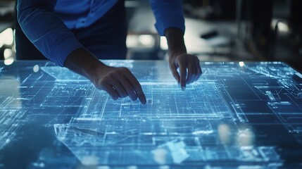 Fototapete - Close-Up of Civil Engineer Hands Working on Digital Blueprint
