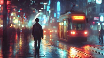 Poster - Passenger stepping off a tram AI generated illustration