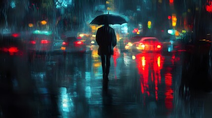 Poster - Pedestrian walking with an umbrella AI generated illustration