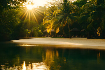 Wall Mural - Golden sunrise on a tropical beach with palm trees, soft white sand, calm water reflections, and serene lush greenery, perfect for nature photography, travel inspiration, and relaxation