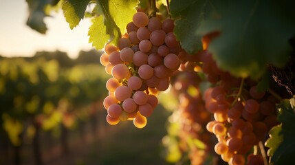 Wall Mural - Sun-Kissed Grapes: A cluster of plump, ripe grapes hangs from a vine, bathed in the warm glow of the setting sun, evoking a sense of abundance and the beauty of nature's harvest. 