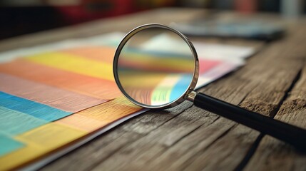 Poster - colorful analytics data highlighted with magnifying glass on wood