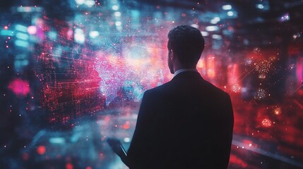 Poster - Businessman in Dark Office Environment Analyzing Data Interactions
