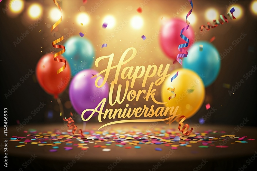 Happy Work Anniversary Celebration with Balloons and Confetti Stock ...