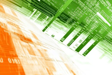Poster - Abstract Stock Market Data Visualization: Green and Orange Digital Streams
