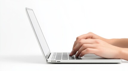 Poster - Close-up View of Hands Typing on a Modern Laptop Keyboard against a Minimalist and Clean White Background for Technology and Work Concepts