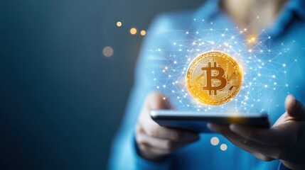 Poster - Hands Holding Smartphone with Floating Golden Bitcoin Symbol Surrounded by Abstract Digital Connections and Glowing Particles, Representing Cryptocurrency Investment and Technology