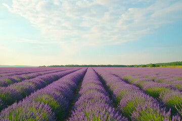 Wall Mural - Beautiful lavender field under a bright blue sky, endless rows of purple flowers stretching to the horizon, perfect for nature lovers, scenic wallpapers, and travel inspiration