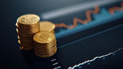 Poster - Stacks of Gold Coins on a Dark Graph Background Representing Financial Growth and Cryptocurrency Trends in Modern Trading Environments