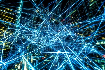 Poster - Abstract Cityscape Network: Glowing Blue Lines Connecting Buildings at Night