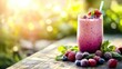 © Natpasit - Berrylicious Smoothie Sunset: A refreshing berry smoothie with a straw, garnished with fresh berries, sits on a rustic wooden table bathed in golden sunlight. The perfect image for healthy eating.