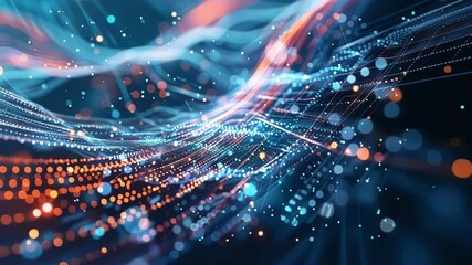 Poster - Complex network of interconnected nodes and lines creating a dynamic, flowing stream of data, symbolizing the intricate nature of information exchange in the digital age