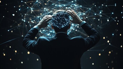 Poster - Businessman in Dark Office Interacting with Holographic Technology
