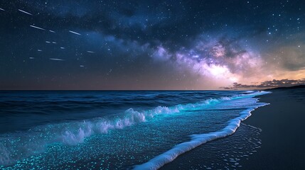 glowing bioluminescent waves on a beach at night under a starry sky with the milky way.