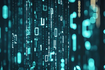 Aufkleber - Abstract Digital Rain: Teal Binary Code Streaming Down