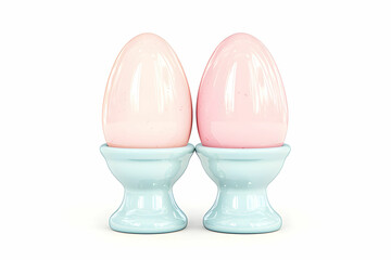 Two Pastel Colored Eggs in Elegant Egg Cups on a Bright White Background