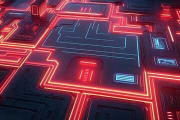 Poster - Abstract Cyberpunk Futuristic Circuit Board Red and Blue Neon Lights