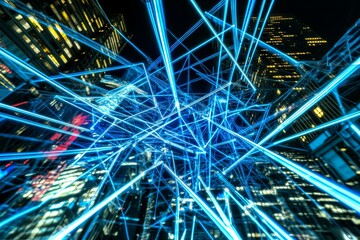 Aufkleber - Abstract Cityscape with Glowing Blue Light Installation at Night