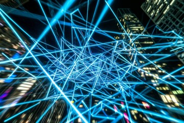 Poster - Abstract Cityscape with Blue Neon Light Lines and Geometric Patterns