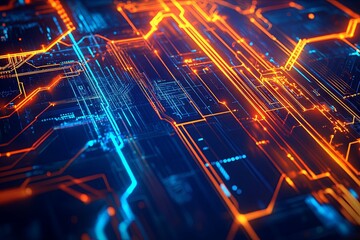 Poster - Abstract Futuristic Circuit Board Glowing in Orange and Blue