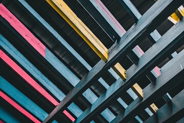 Poster - Abstract Composition of Intersecting Colorful Wooden Beams