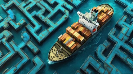 Leinwandbilder - Aerial View of Cargo Ship Navigating Through Intricate Blue Water Maze with Colorful Shipping Containers in an Urban Environment