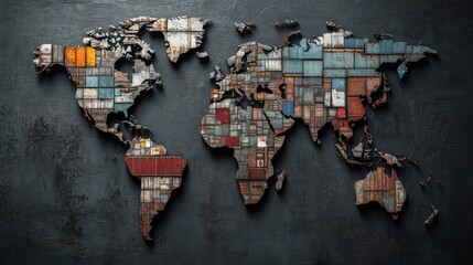 Aufkleber - Abstract representation of a world map created from colorful shipping containers, emphasizing global trade, logistics, and connectivity in a modern artistic style