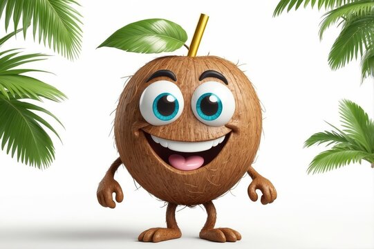 Happy coconut cartoon character with straw.