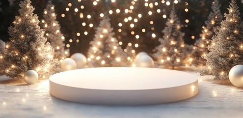 Wall Mural - Stunning Christmas display featuring a white round pedestal and twinkling lights.