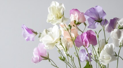 Aufkleber - A bouquet of sweet pea flowers in mixed pastel shades against a clean grey backdrop, close-up shot, Minimalist style