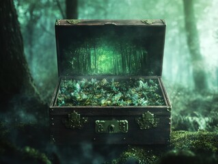 Wall Mural - a mystical chest overflowing with glowing creatures in a foggy forest.